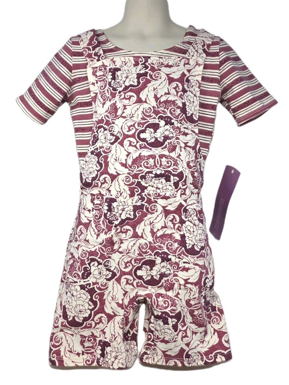 Gilda Marx Y2K 90s Floral Damask Cotton Shortall Biketard Cream Mauve Girls Size